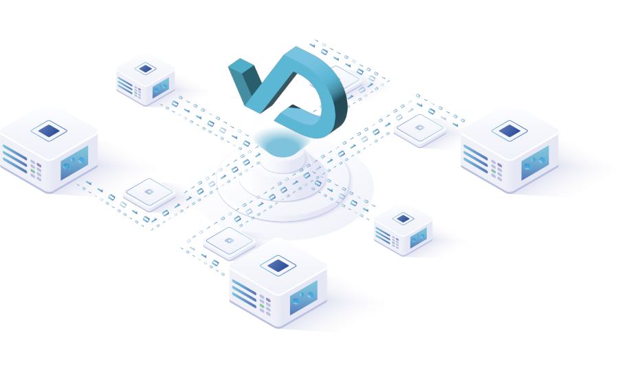 Smart contracts illustration in a decentralized system with nodes connected to funnel data into a central structure, showcasing efficient and secure solutions for Ethereum based solutions.